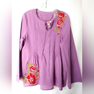 Floral Boho Peasant Shirt Top Purple Red Flowers by Como No? Medium Chest 34"